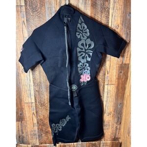HO Sports Women's Short Sleeve Wetsuit Aqua Seal Black Hibiscus Flowers-Size 8